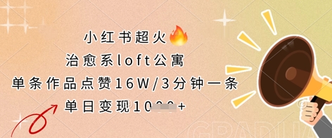 小红书超火的治愈系loft公寓，单条作品点赞16W，3分钟一条，单日变现数张-优创项目网