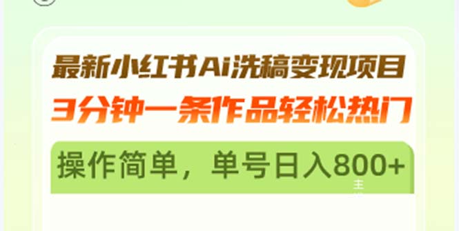 最新小红书Ai洗稿变现项目 3分钟一条作品轻松热门 操作简单，单号日入800+-优创项目网