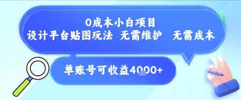 0成本小白项目，设计平台贴图玩法，无需维护，无需成本，单账号单月可产生收益4k+-优创项目网