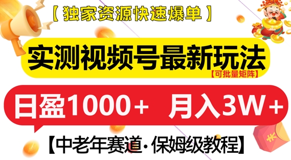 实测视频号最新玩法，中老年赛道，独家资源，月入过W+【揭秘】-优创项目网