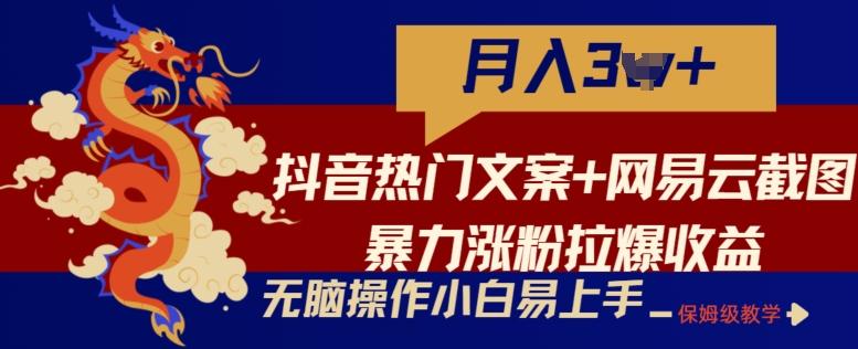 抖音热门文案+网易云截图暴力涨粉拉爆收益玩法，小白无脑操作，简单易上手【揭秘】-优创项目网