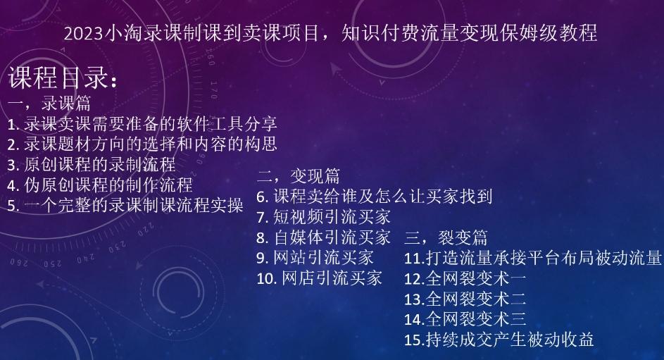 2023小淘录课制课到卖课项目，知识付费流量变现保姆级教程-优创项目网