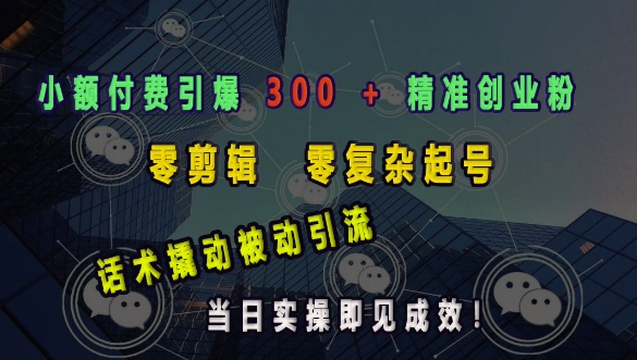 小额付费引爆 300 + 精准创业粉，零剪辑、零复杂起号，话术撬动被动引流，当日实操即见成效-优创项目网