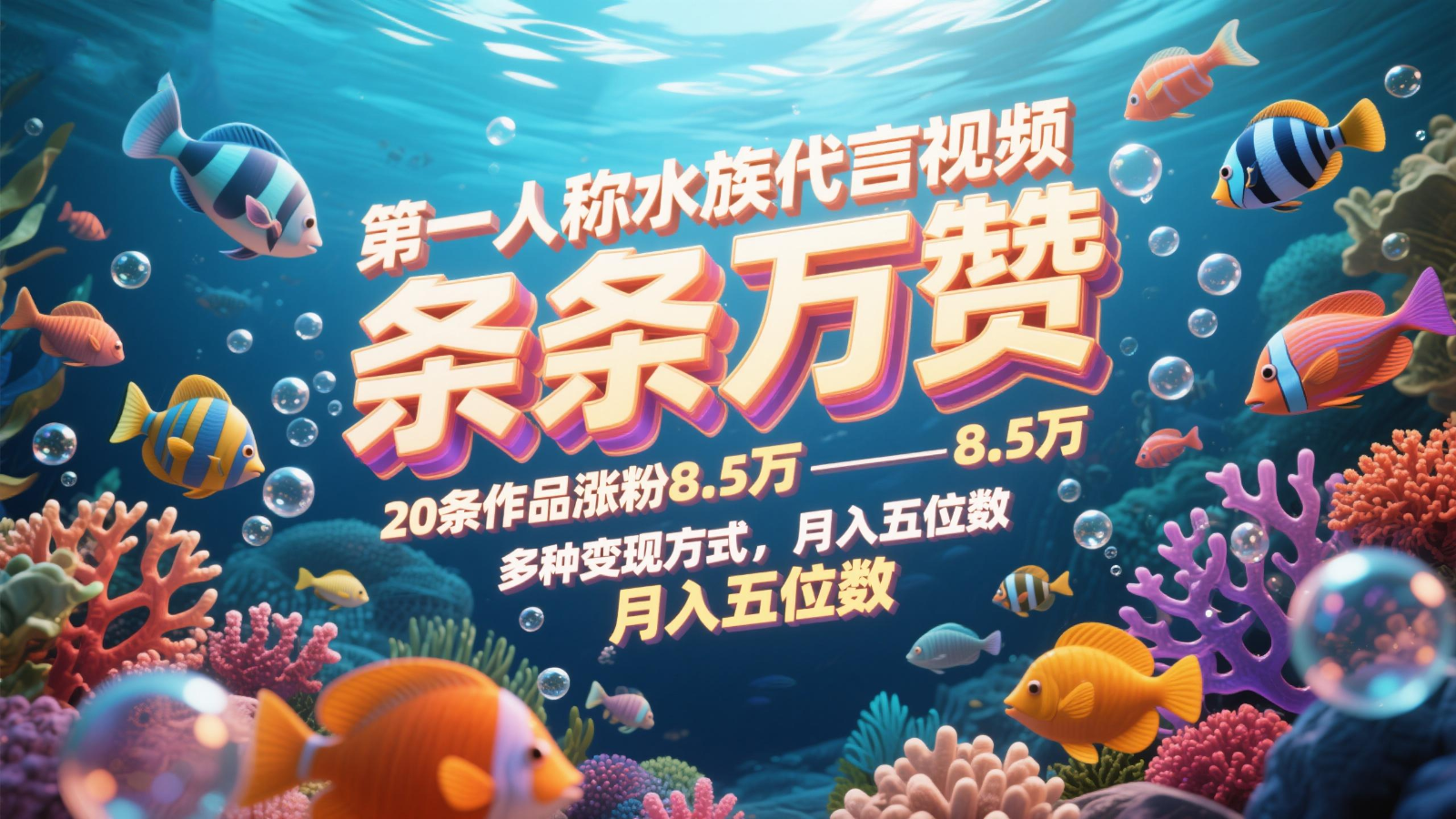 第一人称水族代言视频，条条万赞，20条作品涨粉8.5万，多种变现方式月，入五位数-优创项目网