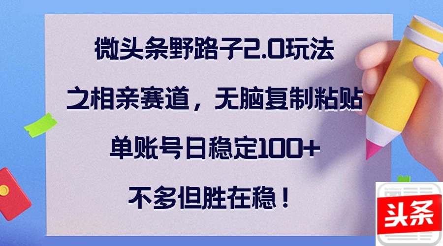 微头条野路子2.0玩法之相亲赛道，无脑复制粘贴，单账号日稳定100+，不…-优创项目网