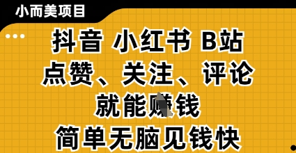 小而美的项目，抖音小红书B站视频点赞、关注、评论就能挣钱，简单无脑立见收益，妥妥的零撸项目【揭秘】-优创项目网