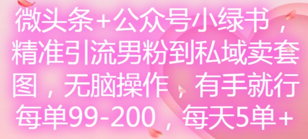 微头条+公众号小绿书，精准引流男粉到私域卖套图，无脑操作，有手就行，每单99-200，每天5单-优创项目网