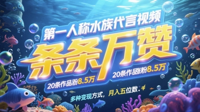 第一人称水族代言视频，条条万赞，20条作品涨粉7.8W，多种变现方式月入五位数-优创项目网